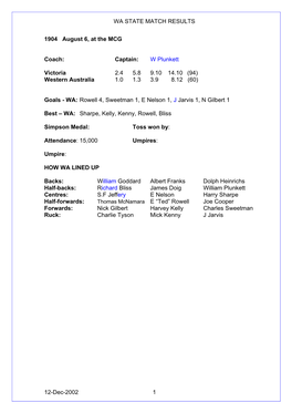 WA STATE MATCH RESULTS 12-Dec-2002 1 1904 August 6, At