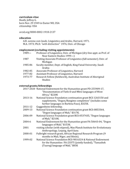 Curriculum Vitae Heath, Jeffrey G. Born Nov. 29 1949 in Exeter NH, USA Citizenship: USA Orcid.Org/0000-0002-1918-2137 Education A.B