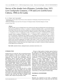 Primates, Lorisidae Gray, 1821: Loris Tardigradus Linnaeus, 1758 and Loris Lydekkerianus Cabrera, 1908) in Sri Lanka