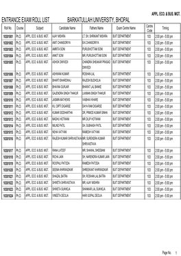 ENTRANCE EXAM ROLL LIST BARKATULLAH UNIVERSITY, BHOPAL Roll No