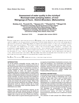 Assessment of Water Quality in the Vicinityof Municipal Water Pumping Station, of River Wainganga at Pauni, District-Bhandara (Maharashtra)