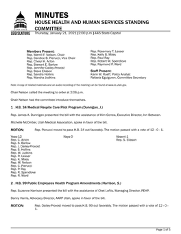 MINUTES HOUSE HEALTH and HUMAN SERVICES STANDING COMMITTEE Thursday, January 21, 2021|2:00 P.M.|445 State Capitol