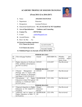 ACADEMIC PROFILE of JOGESH CHANGMAI (From 2011-12 to 2016