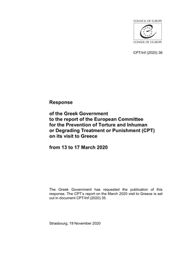 The European Committee for the Prevention of Torture and Inhuman Or Degrading Treatment Or Punishment (CPT) on Its Visit to Greece from 13 to 17 March 2020