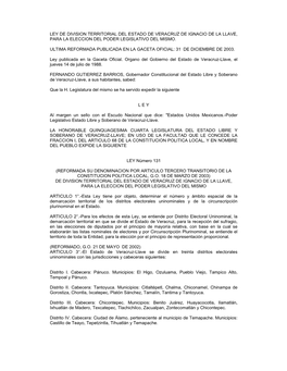 Ley De Division Territorial Del Estado De Veracruz De Ignacio De La Llave, Para La Eleccion Del Poder Legislativo Del Mismo
