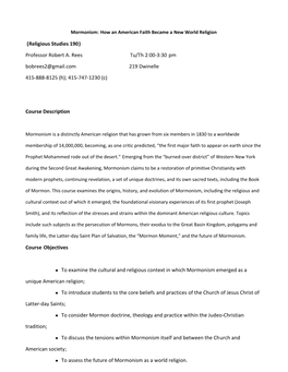 Religious Studies 190) Professor Robert A. Rees Tu/Th 2:00-3:30 Pm Bobrees2@Gmail.Com 219 Dwinelle 415-888-8125 (H); 415-747-1230 (C