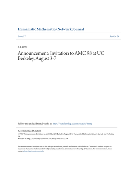 Announcement: Invitation to AMC 98 at UC Berkeley, August 3-7