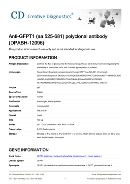 Anti-GFPT1 (Aa 525-681) Polyclonal Antibody (DPABH-12096) This Product Is for Research Use Only and Is Not Intended for Diagnostic Use