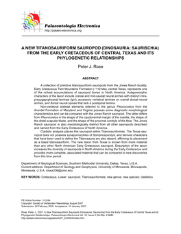 From the Early Cretaceous of Central Texas and Its Phylogenetic Relationships