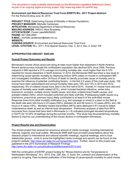 Environment and Natural Resources Trust Fund (ENRTF) M.L. 2011 Project Abstract for the Period Ending June 30, 2015