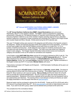 48Th Annual NORTHERN CALIFORNIA AREA EMMY® AWARD NOMINATIONS ANNOUNCED