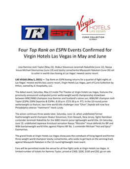 Four Top Rank on ESPN Events Confirmed for Virgin Hotels Las Vegas in May and June