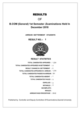 RESULTS of B.COM (General) 1St Semester ,Examinations Held in December 2018