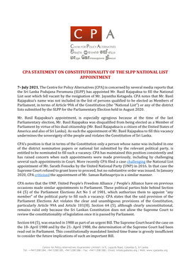 Cpa Statement on Constitutionality of the Slpp National List Appointment