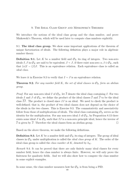 9. the Ideal Class Group and Minkowski's Theorem