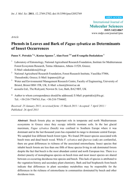 Phenols in Leaves and Bark of Fagus Sylvatica As Determinants of Insect Occurrences