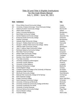 FY 2006 Title III and Title V Eligible Institutions for the Cost Share