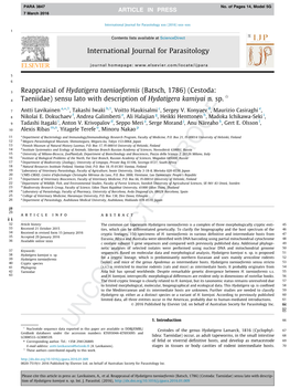 Reappraisal of Hydatigera Taeniaeformis (Batsch, 1786) (Cestoda: Taeniidae) Sensu Lato with Descrip- Tion of Hydatigera Kamiyai N