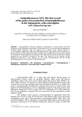 Antipodal Mosses: XVI. the First Record of the Genus Sematophyllum (Sematophyllaceae) in the Subantarctic, with Adescription of S