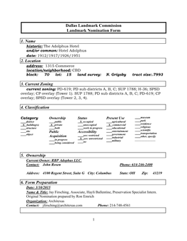 Adolphus Hotel Landmark Nomination Form