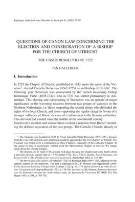 Questions of Canon Law Concerning the Election and Consecration of a Bishop for the Church of Utrecht