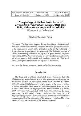 Morphology of the Last Instar Larva of Trypoxylon (Trypargilum) Aestivale Richards, 1934, with Notes on Preys and Parasitoids (Hymenoptera: Crabronidae)