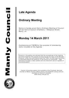 Late Agenda Ordinary Meeting Monday 14 March 2011