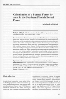 Colonisation of a Burned Forest by Ants in the Southern Finnish Boreal Forest Pekka Punttila and Yrjö Haila