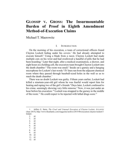 GLOSSIP V. GROSS: the Insurmountable Burden of Proof in Eighth Amendment Method-Of-Execution Claims