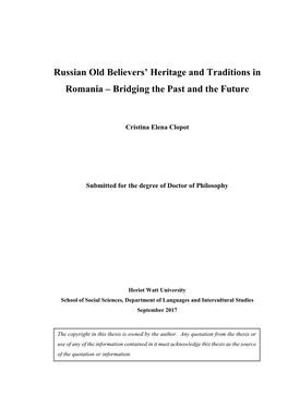 Russian Old Believers' Heritage and Traditions in Romania