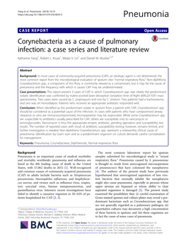 Corynebacteria As a Cause of Pulmonary Infection: a Case Series and Literature Review Katharine Yang1, Robert L