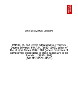 PAPERS Of, and Letters Addressed To, Frederick George Edwards, FRAM
