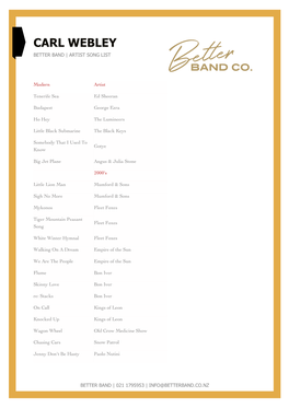 Carl Webley Better Band | Artist Song List