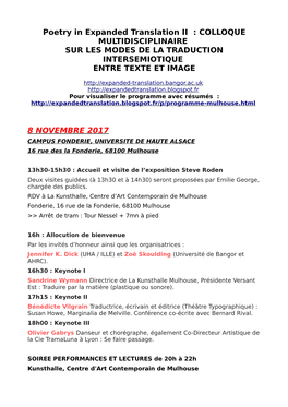 Poetry in Expanded Translation II : COLLOQUE MULTIDISCIPLINAIRE SUR LES MODES DE LA TRADUCTION INTERSEMIOTIQUE ENTRE TEXTE ET IMAGE