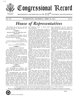 Congressional Record United States Th of America PROCEEDINGS and DEBATES of the 112 CONGRESS, SECOND SESSION