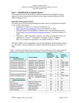 Evaluation Report Federally Listed Species, Species-Of-Concern and Species-Of-Interest Clearwater National Forest