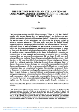 The Seeds of Disease: an Explanation of Contagion and Infection from the Greeks to the Renaissance