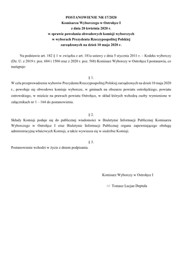 POSTANOWIENIE NR 17/2020 Komisarza Wyborczego W Ostrołęce I Z Dnia 20 Kwietnia 2020 R