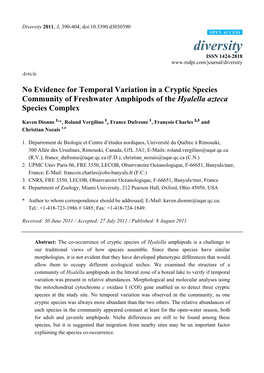 No Evidence for Temporal Variation in a Cryptic Species Community of Freshwater Amphipods of the Hyalella Azteca Species Complex