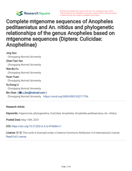 Complete Mtgenome Sequences of Anopheles Peditaeniatus and An