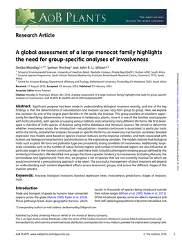 A Global Assessment of a Large Monocot Family Highlights the Need for Group-Speciﬁc Analyses of Invasiveness