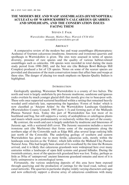 The Modern Bee and Wasp Assemblages (Hymenoptera: Aculeata) of Warwickshire's Calcareous Quarries and Spoilheaps, and the Cons