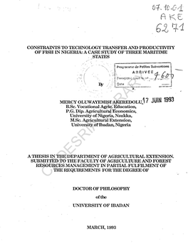 Constraints to Technology Transfer and Productivity of Fish in Nigeria : A