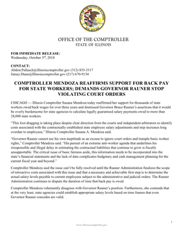 Comptroller Mendoza Reaffirms Support for Back Pay for State Workers; Demands Governor Rauner Stop Violating Court Orders