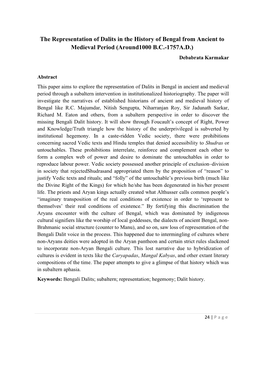 The Representation of Dalits in the History of Bengal from Ancient to Medieval Period (Around1000 B.C.-1757A.D.) Debabrata Karmakar