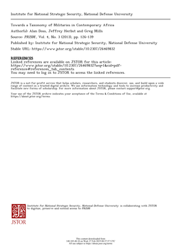 Towards a Taxonomy of Militaries in Contemporary Africa Author(S): Alan Doss, Jeffrey Herbst and Greg Mills Source: PRISM , Vol