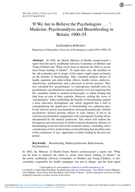 'If We Are to Believe the Psychologists ...': Medicine, Psychoanalysis And