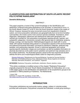 Classification and Distribution of South Atlantic Recent Polycystine Radiolaria Introduction