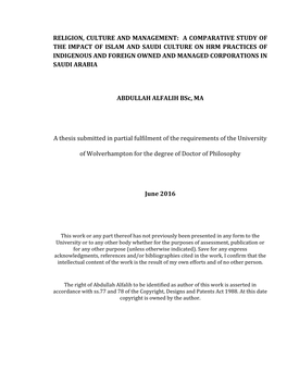 A Comparative Study of the Impact of Islam and Saudi Culture on Hrm Practices of Indigenous and Foreign Owned and Managed Corporations in Saudi Arabia