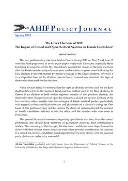 The Greek Elections of 2012: the Impact of Closed and Open Electoral Systems on Female Candidates1